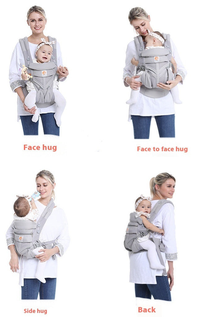 4 ergonomische Tragepositionen: Bauch-, Hüft-, Rücken- und Fronttrageweise in Blickrichtung