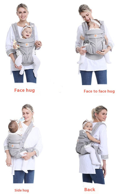 4 ergonomische Tragepositionen: Bauch-, Hüft-, Rücken- und Fronttrageweise in Blickrichtung