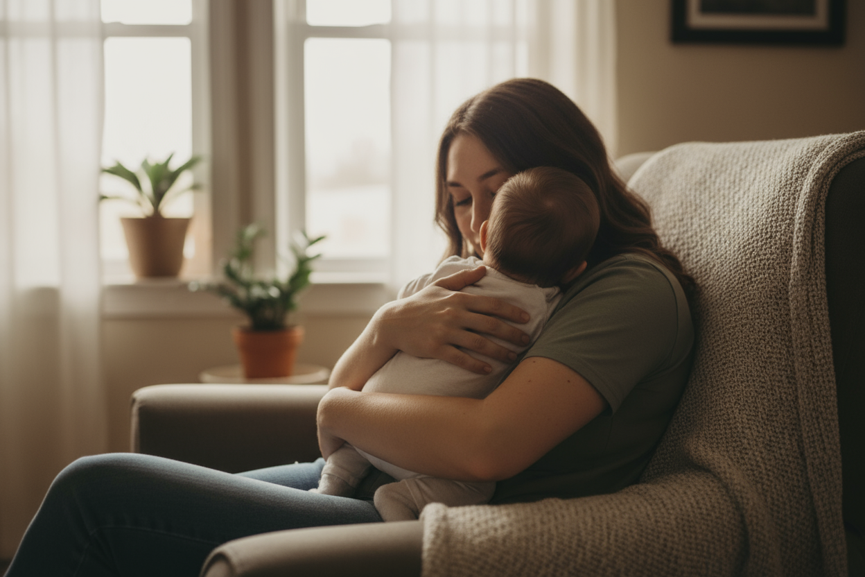 Mama mit Baby im Arm, Baby nur von hinten sichtbar, natürlich und dezent